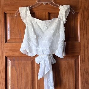 Women’s White Embroidered Tie-Front Crop Top